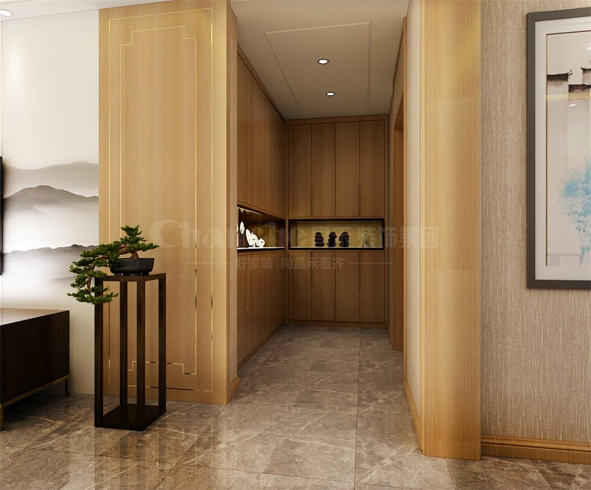 進(jìn)門處的鞋柜，既滿足了屋主的生活習(xí)慣，又體現(xiàn)出對自然人文古意的喜好之情。